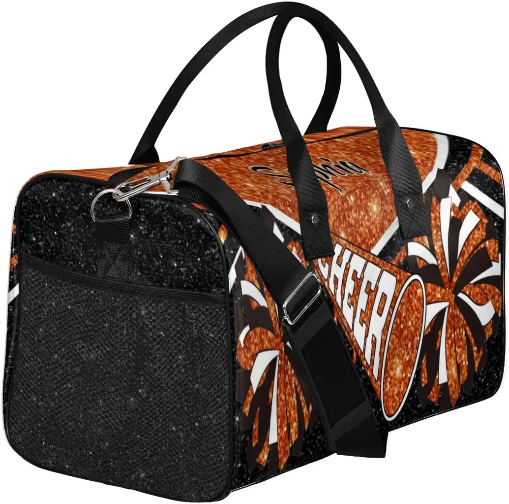 Personalized Cheer Duffel Bag for Cheerleaders, Custom Name Sports Bag for Women Men, Custom Cheerleading Travel Duffle Bags, Weekender Bag Gym Bag, Dark Orange Glitter
