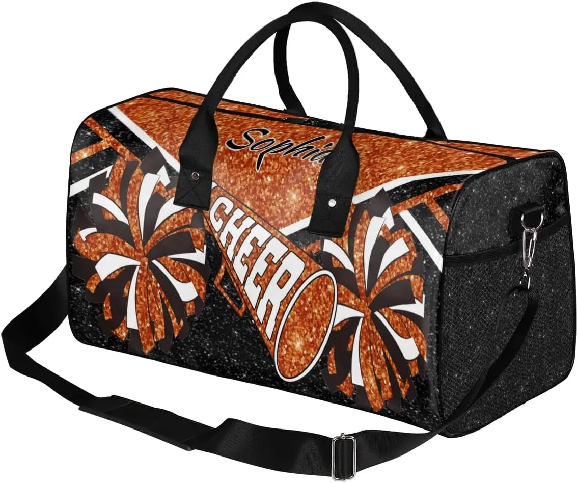 Personalized Cheer Duffel Bag for Cheerleaders, Custom Name Sports Bag for Women Men, Custom Cheerleading Travel Duffle Bags, Weekender Bag Gym Bag, Dark Orange Glitter
