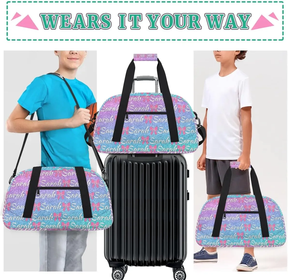 Personalized Cheer Duffel Bags Custom Cheerleader Bag with Name for Sport Events Dance Bag Customized Travel Gym Bag Overnight Weekender Carry-on Bag, Colorful Glitter