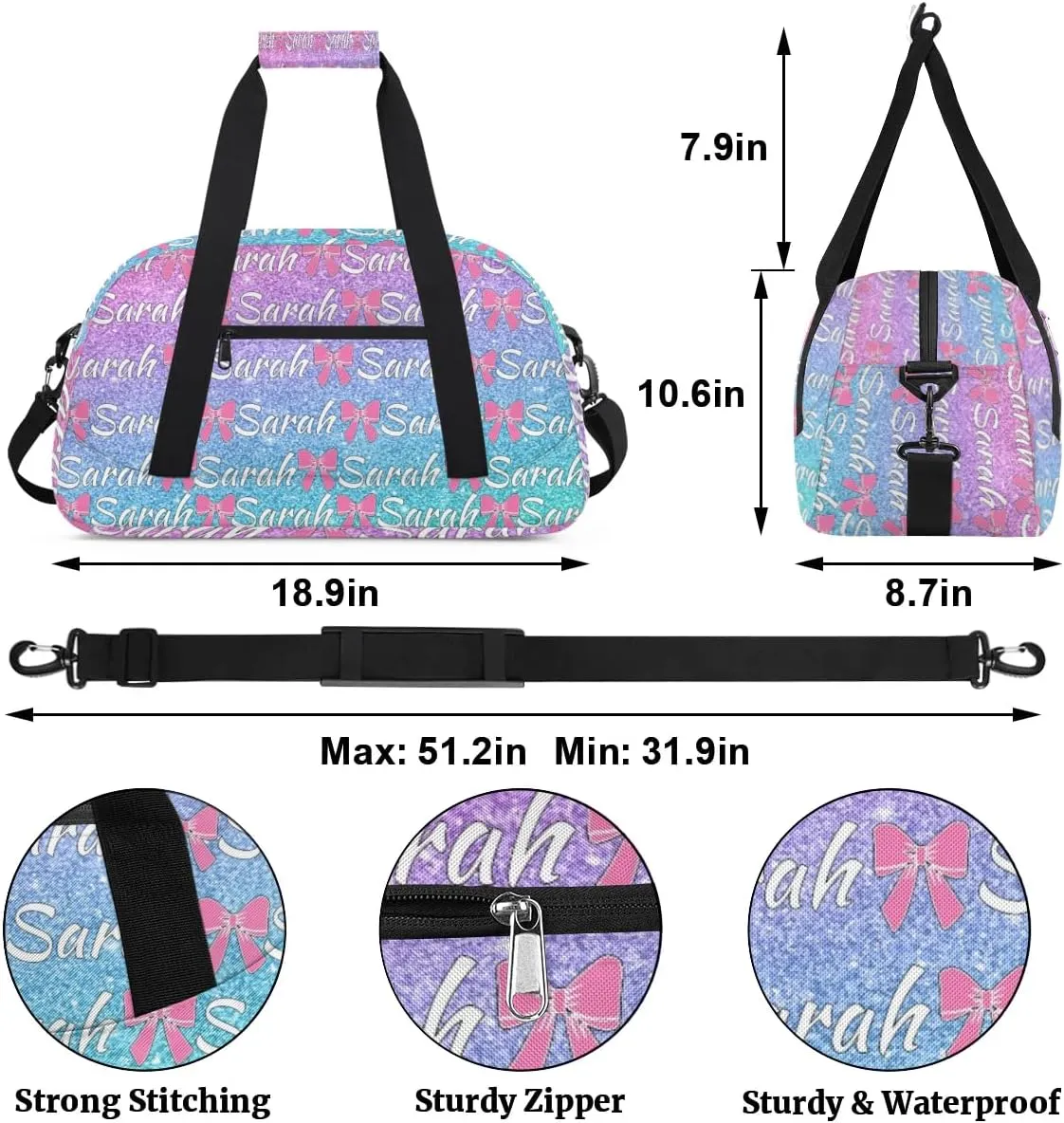 Personalized Cheer Duffel Bags Custom Cheerleader Bag with Name for Sport Events Dance Bag Customized Travel Gym Bag Overnight Weekender Carry-on Bag, Colorful Glitter