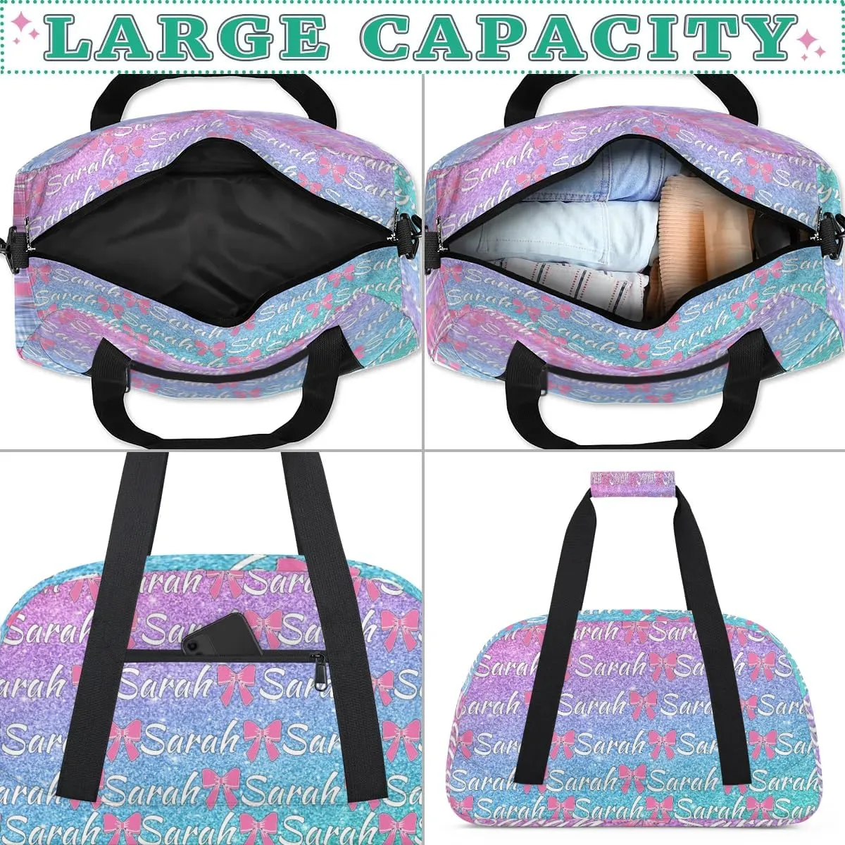Personalized Cheer Duffel Bags Custom Cheerleader Bag with Name for Sport Events Dance Bag Customized Travel Gym Bag Overnight Weekender Carry-on Bag, Colorful Glitter