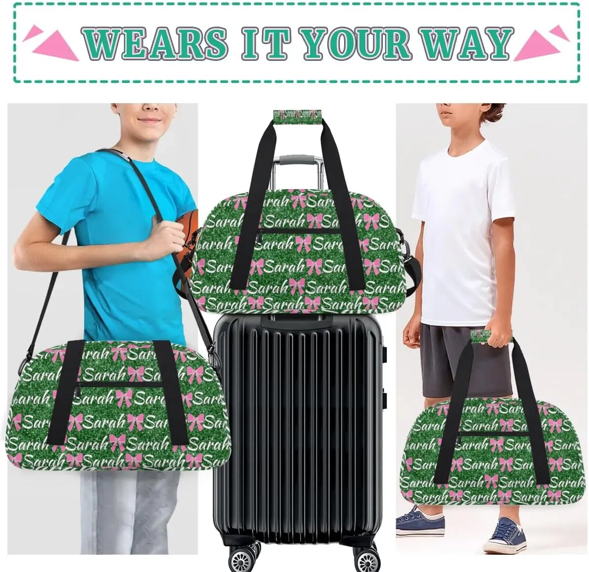 Personalized Cheer Duffel Bags Custom Cheerleader Bag with Name for Sport Events Dance Bag Customized Travel Gym Bag Overnight Weekender Carry-on Bag, Grass Green Glitter