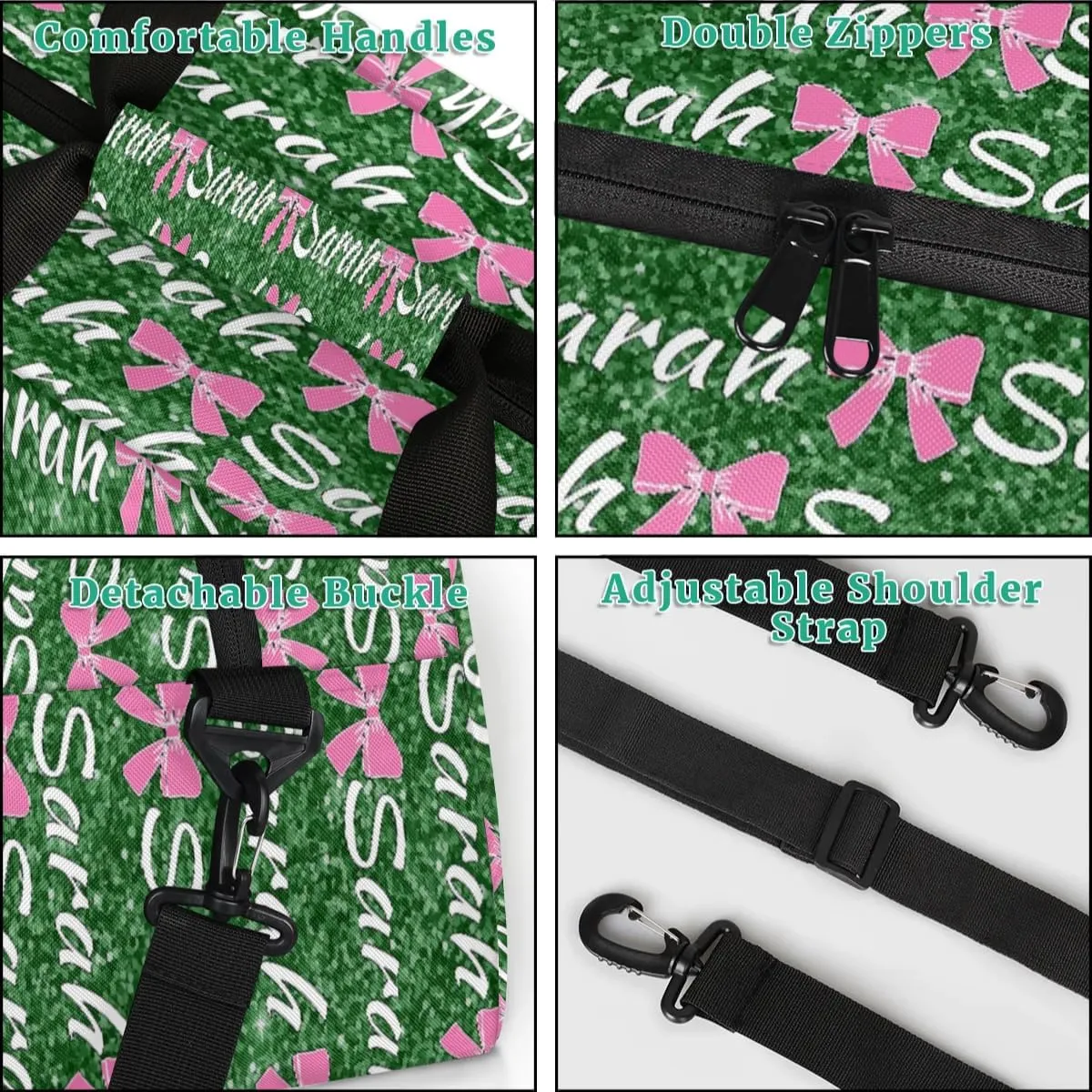 Personalized Cheer Duffel Bags Custom Cheerleader Bag with Name for Sport Events Dance Bag Customized Travel Gym Bag Overnight Weekender Carry-on Bag, Grass Green Glitter