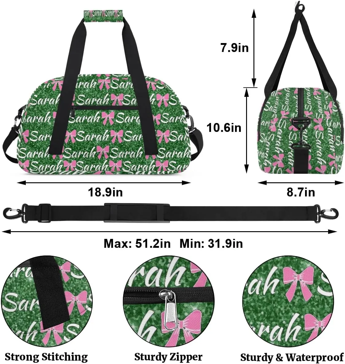 Personalized Cheer Duffel Bags Custom Cheerleader Bag with Name for Sport Events Dance Bag Customized Travel Gym Bag Overnight Weekender Carry-on Bag, Grass Green Glitter