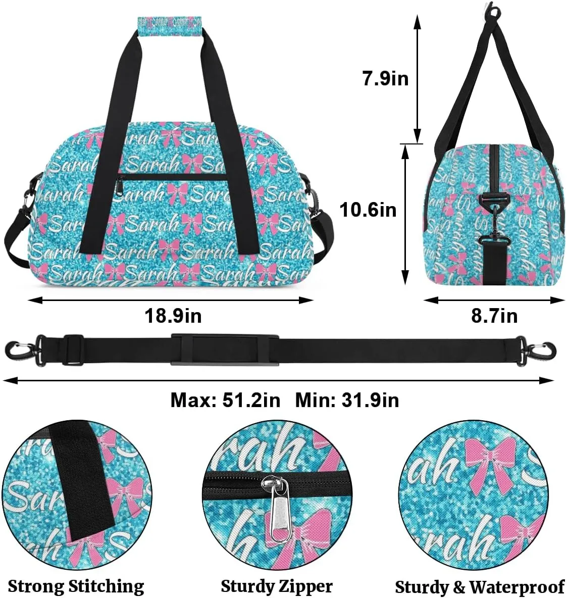 Personalized Cheer Duffel Bags Custom Cheerleader Bag with Name for Sport Events Dance Bag Customized Travel Gym Bag Overnight Weekender Carry-on Bag, Teal Glitter