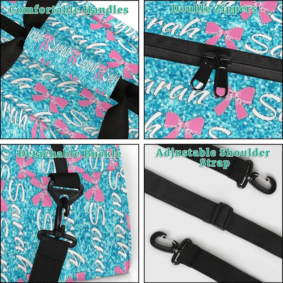 Personalized Cheer Duffel Bags Custom Cheerleader Bag with Name for Sport Events Dance Bag Customized Travel Gym Bag Overnight Weekender Carry-on Bag, Teal Glitter