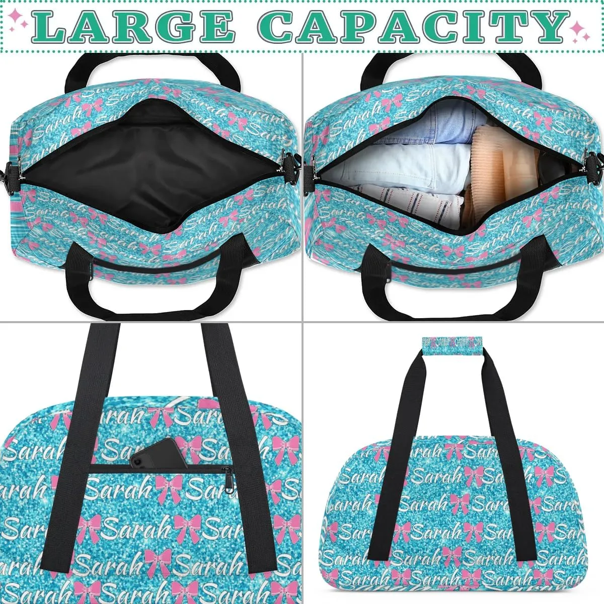 Personalized Cheer Duffel Bags Custom Cheerleader Bag with Name for Sport Events Dance Bag Customized Travel Gym Bag Overnight Weekender Carry-on Bag, Teal Glitter