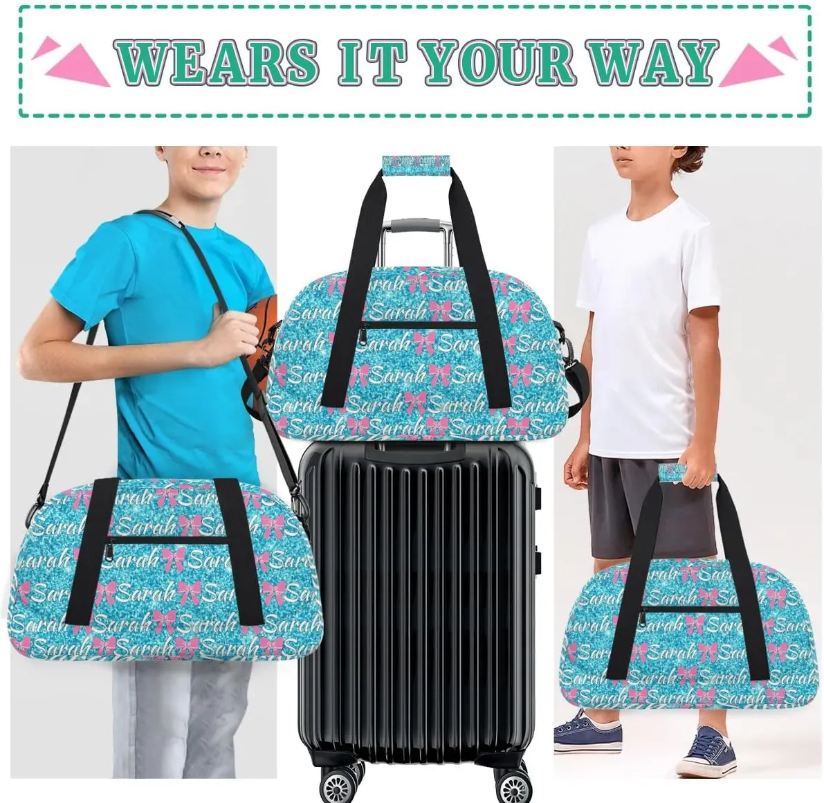 Personalized Cheer Duffel Bags Custom Cheerleader Bag with Name for Sport Events Dance Bag Customized Travel Gym Bag Overnight Weekender Carry-on Bag, Teal Glitter