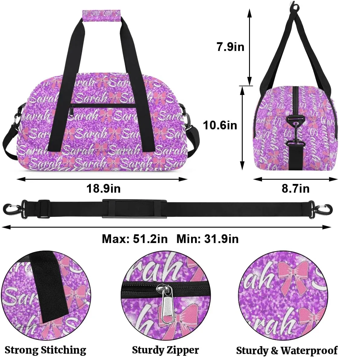 Personalized Cheer Duffel Bags Custom Cheerleader Bag with Name for Sport Events Dance Bag Customized Travel Gym Bag Overnight Weekender Carry-on Bag, Violet Glitter