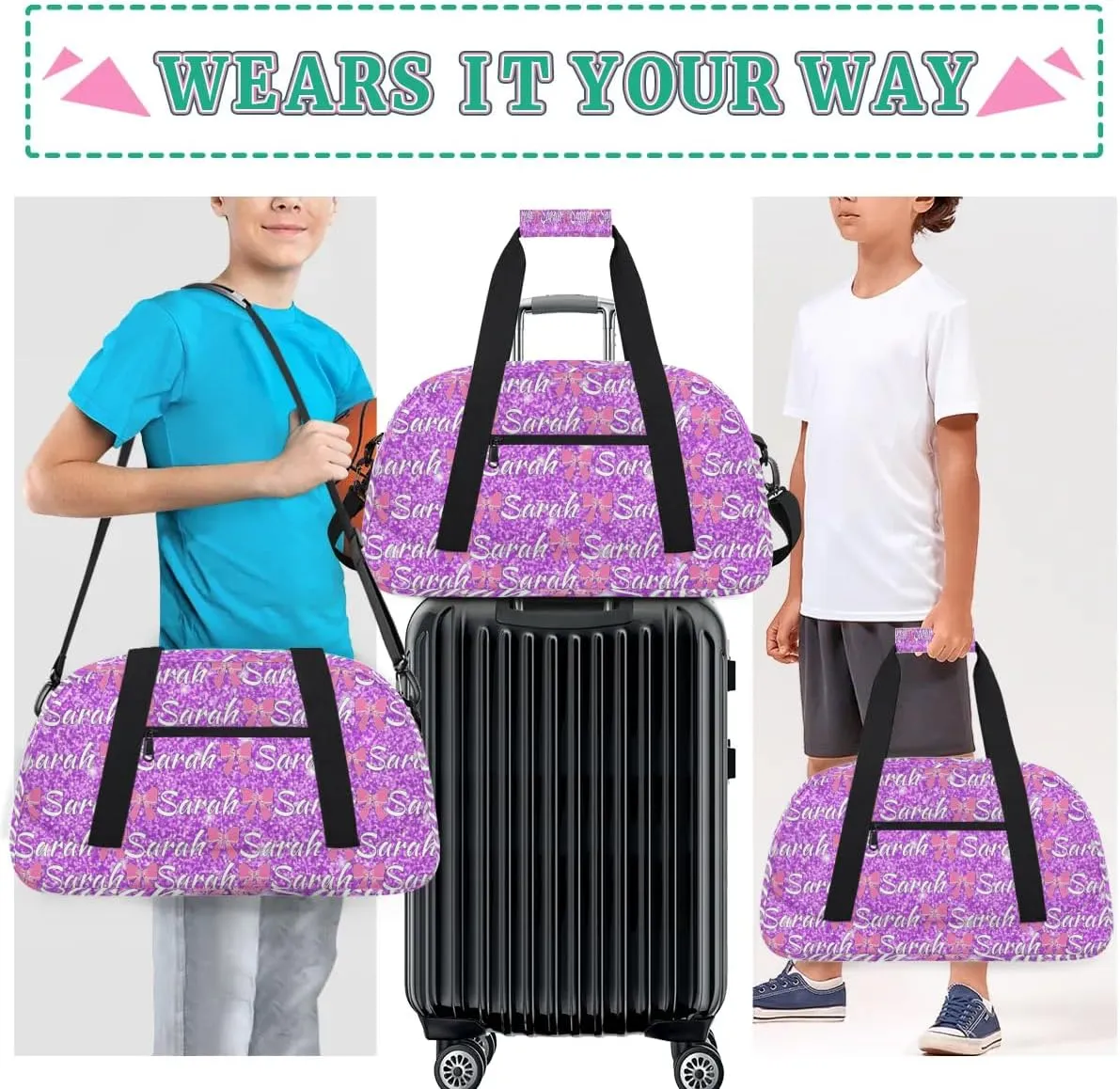 Personalized Cheer Duffel Bags Custom Cheerleader Bag with Name for Sport Events Dance Bag Customized Travel Gym Bag Overnight Weekender Carry-on Bag, Violet Glitter