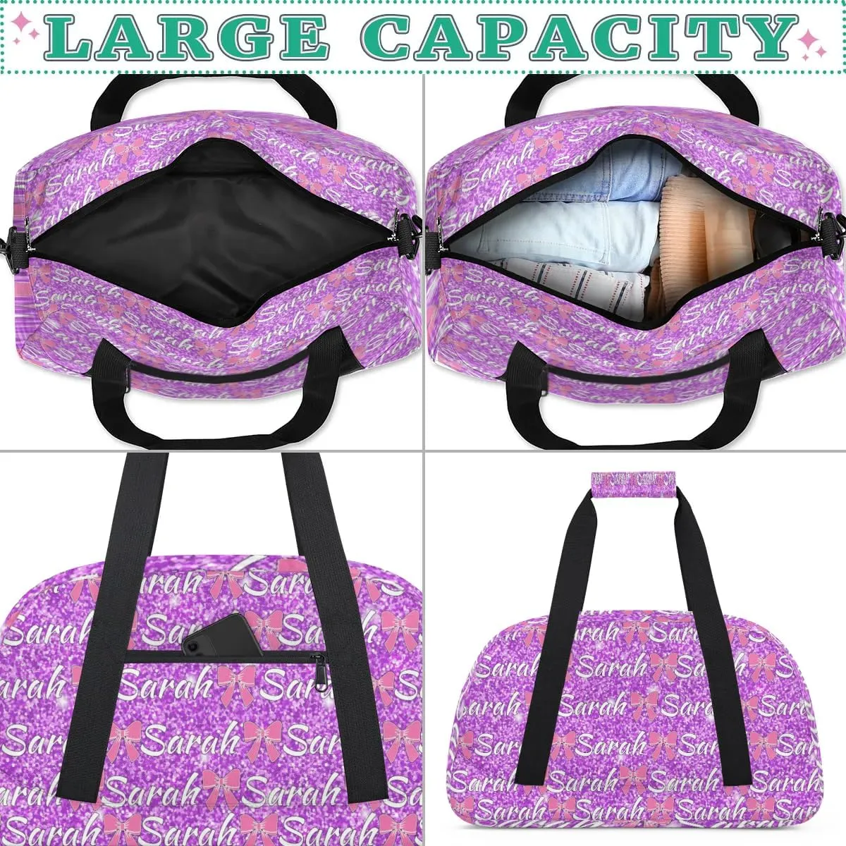Personalized Cheer Duffel Bags Custom Cheerleader Bag with Name for Sport Events Dance Bag Customized Travel Gym Bag Overnight Weekender Carry-on Bag, Violet Glitter