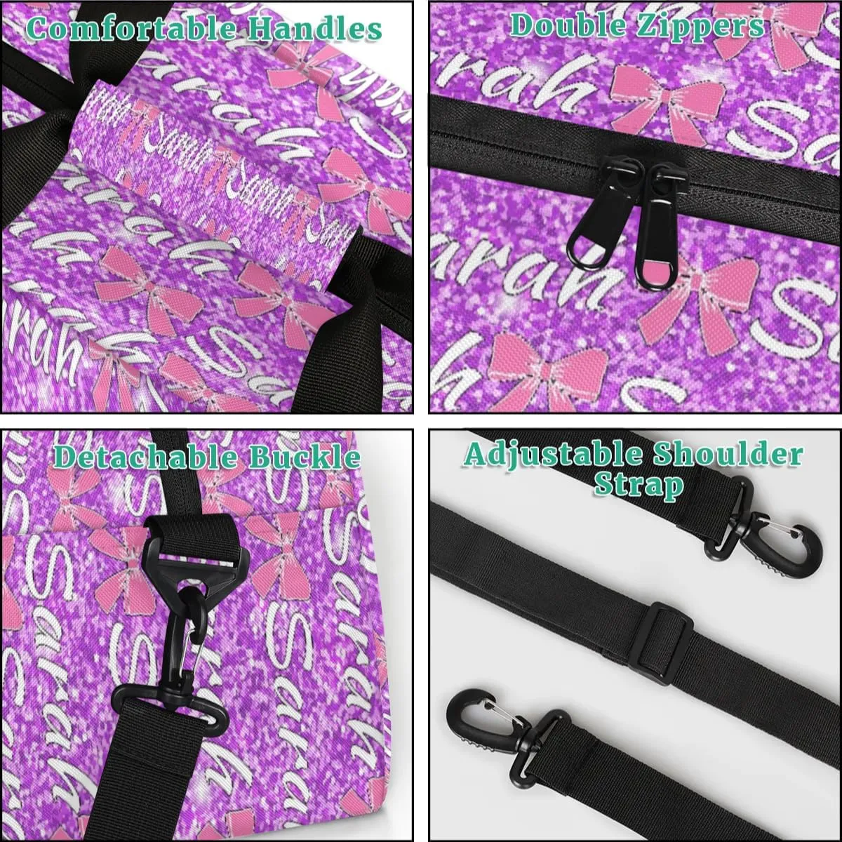 Personalized Cheer Duffel Bags Custom Cheerleader Bag with Name for Sport Events Dance Bag Customized Travel Gym Bag Overnight Weekender Carry-on Bag, Violet Glitter