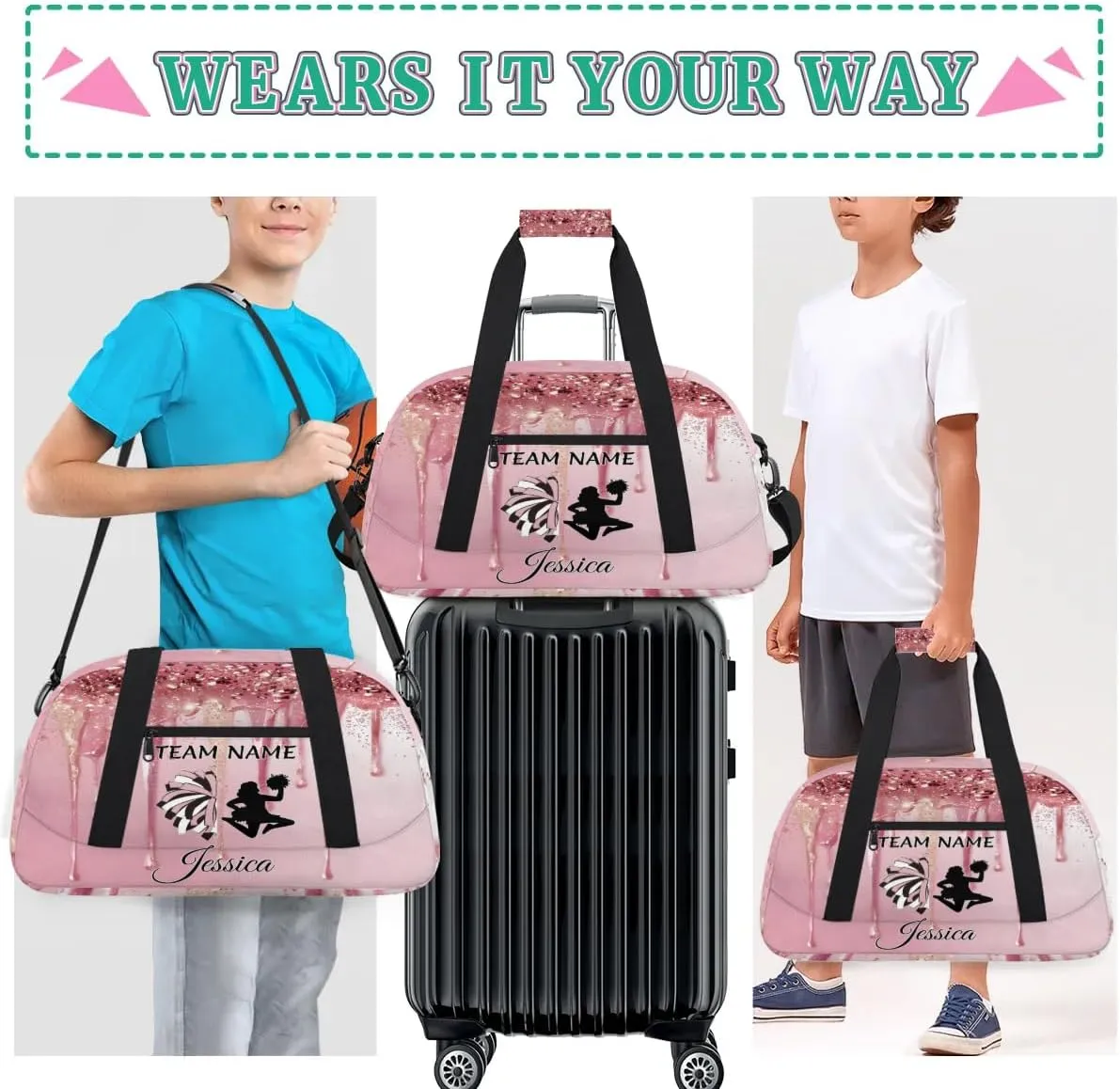Personalized Cheer Duffle Bag for Cheerleader, Custom Cheerleading Gym Bags, Fluid Glitter Customized Cheer Duffel Bag with Name Overnight Weekender Bags
