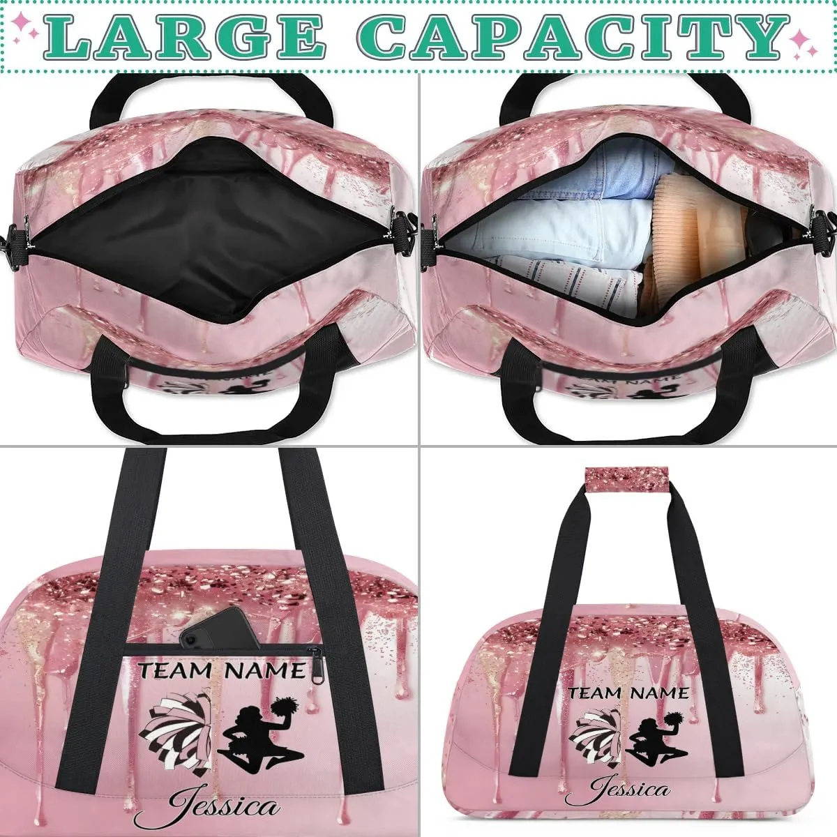 Personalized Cheer Duffle Bag for Cheerleader, Custom Cheerleading Gym Bags, Fluid Glitter Customized Cheer Duffel Bag with Name Overnight Weekender Bags