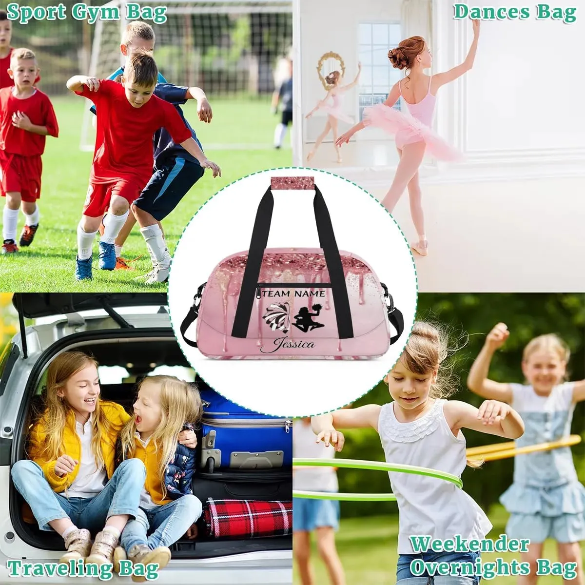 Personalized Cheer Duffle Bag for Cheerleader, Custom Cheerleading Gym Bags, Fluid Glitter Customized Cheer Duffel Bag with Name Overnight Weekender Bags