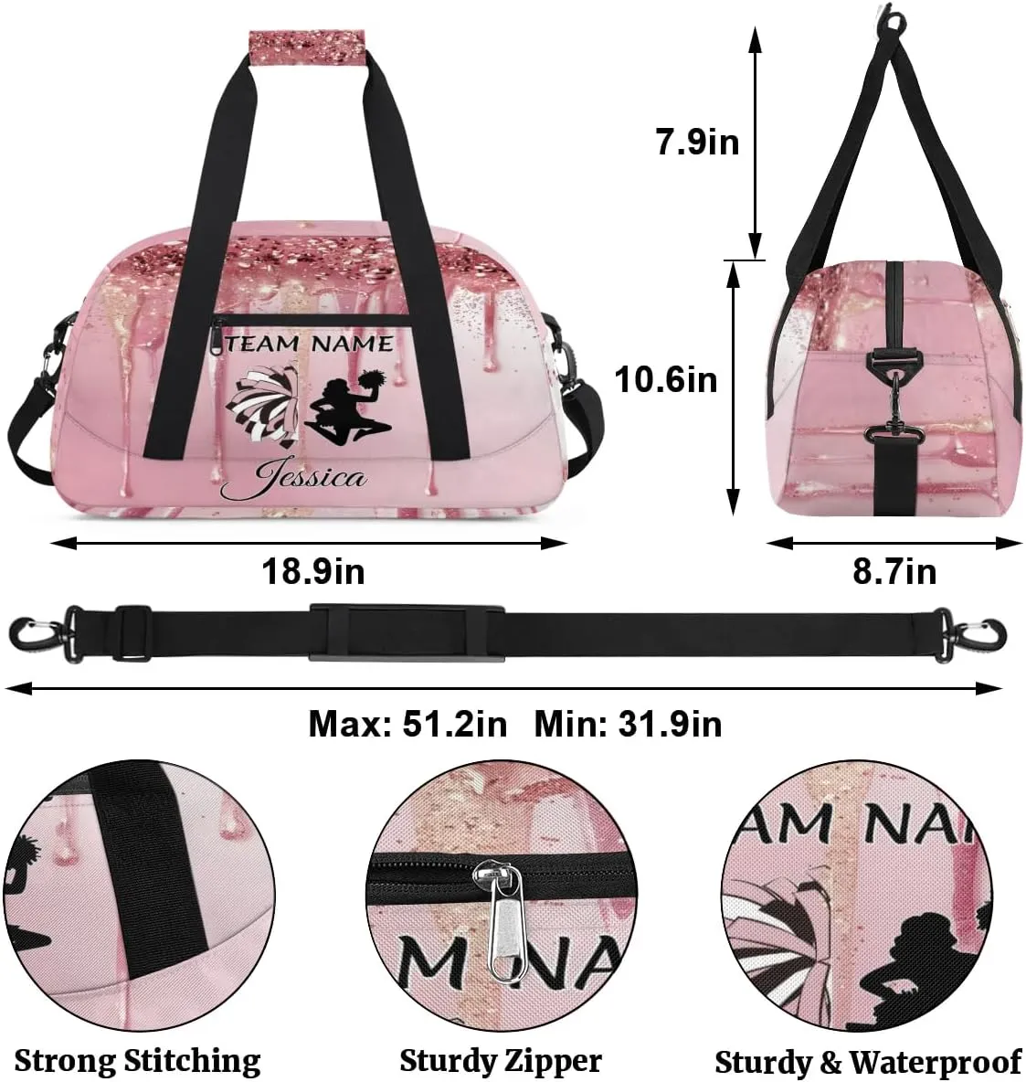 Personalized Cheer Duffle Bag for Cheerleader, Custom Cheerleading Gym Bags, Fluid Glitter Customized Cheer Duffel Bag with Name Overnight Weekender Bags