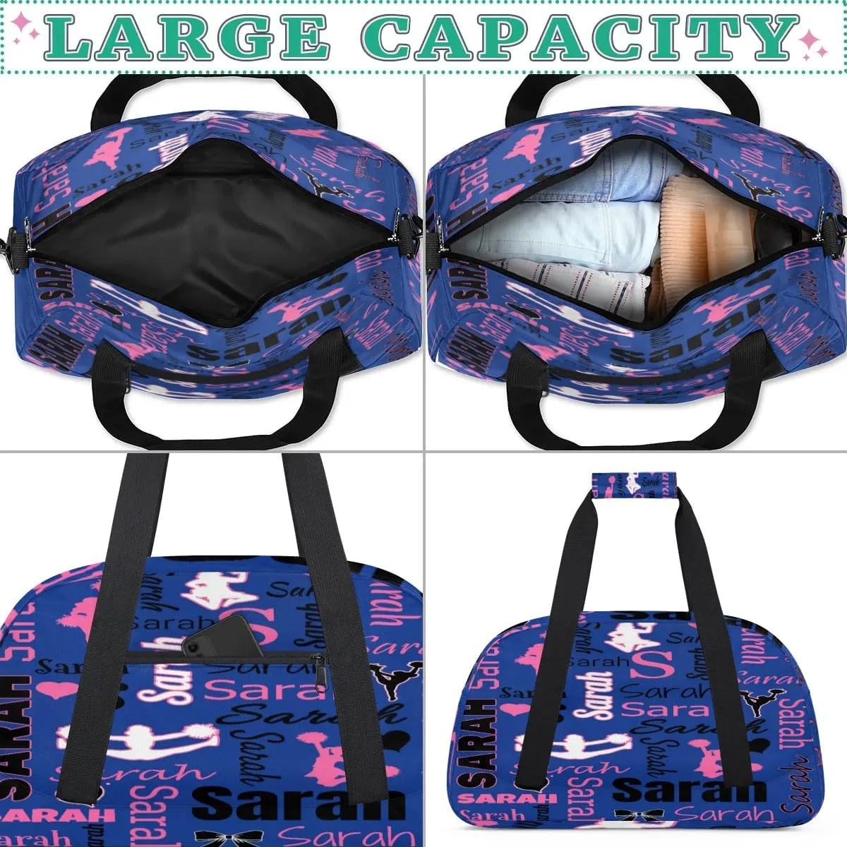 Personalized Cheer Duffle Bag for Cheerleaders, Cobalt Blue (No Glitter) Custom Cheerleading Gym Bag for Women, Cheer Duffel Bag with Name Weekender Bags Customized Cheer Gifts