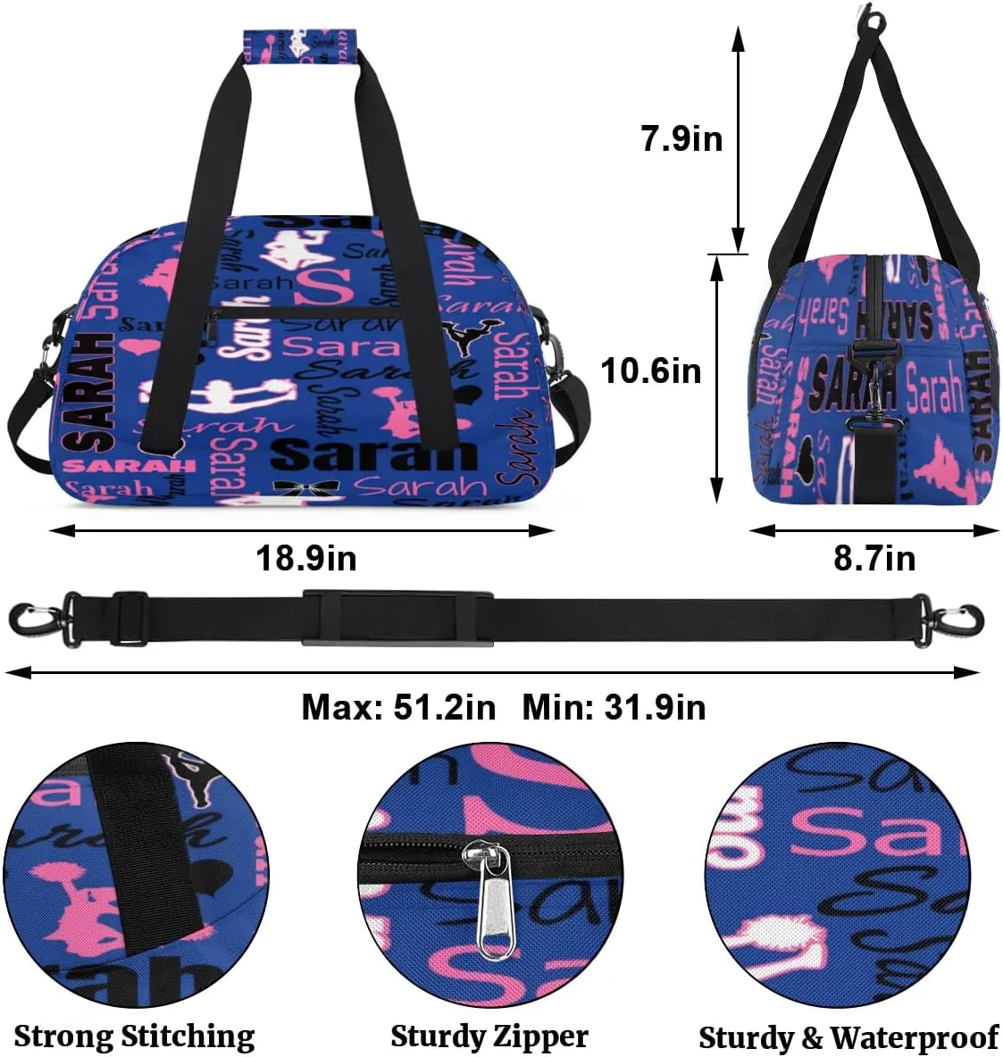 Personalized Cheer Duffle Bag for Cheerleaders, Cobalt Blue (No Glitter) Custom Cheerleading Gym Bag for Women, Cheer Duffel Bag with Name Weekender Bags Customized Cheer Gifts
