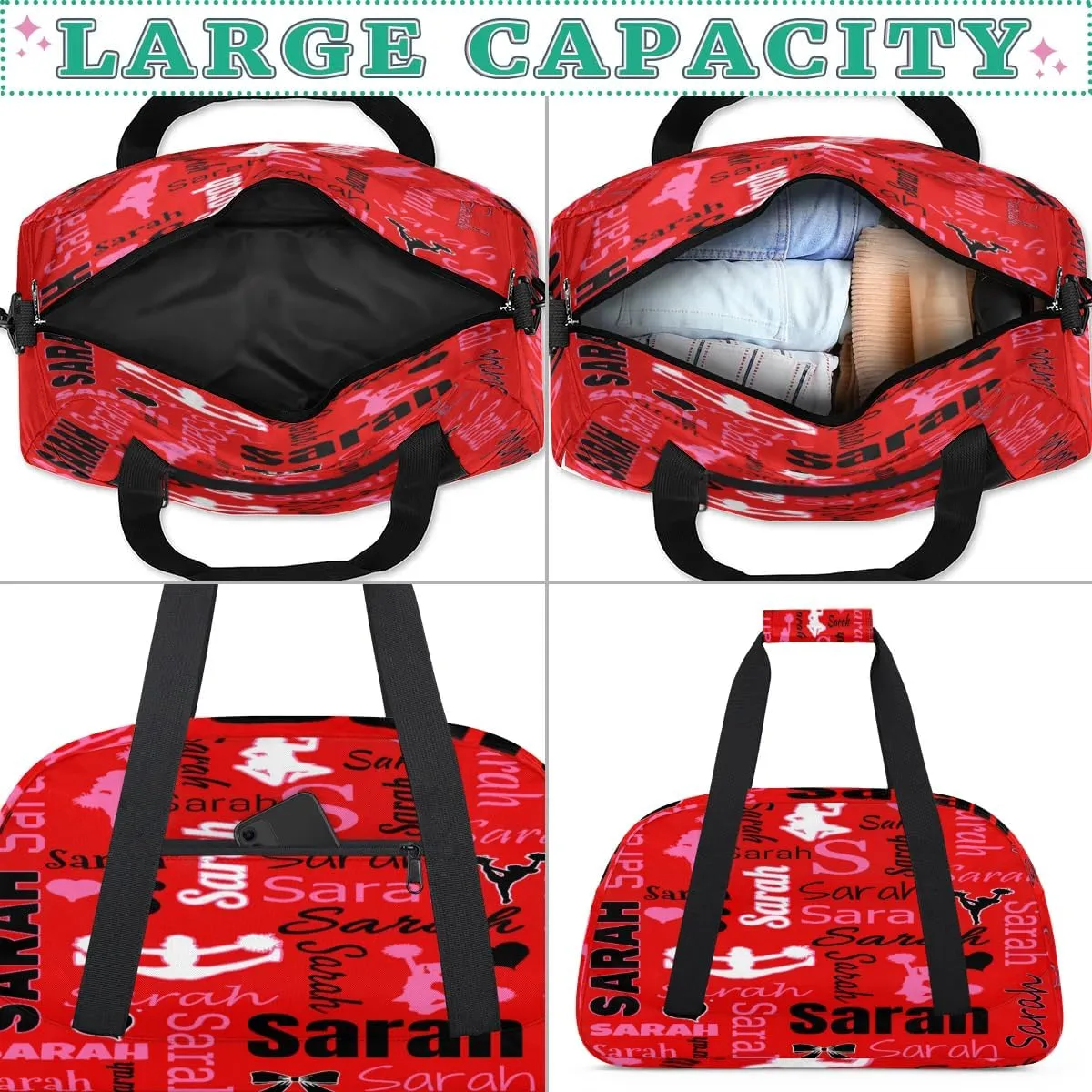 Personalized Cheer Duffle Bag for Cheerleaders, Coral Red A (No Glitter) Custom Cheerleading Gym Bag for Women, Cheer Duffel Bag with Name Weekender Bags Customized Cheer Gifts