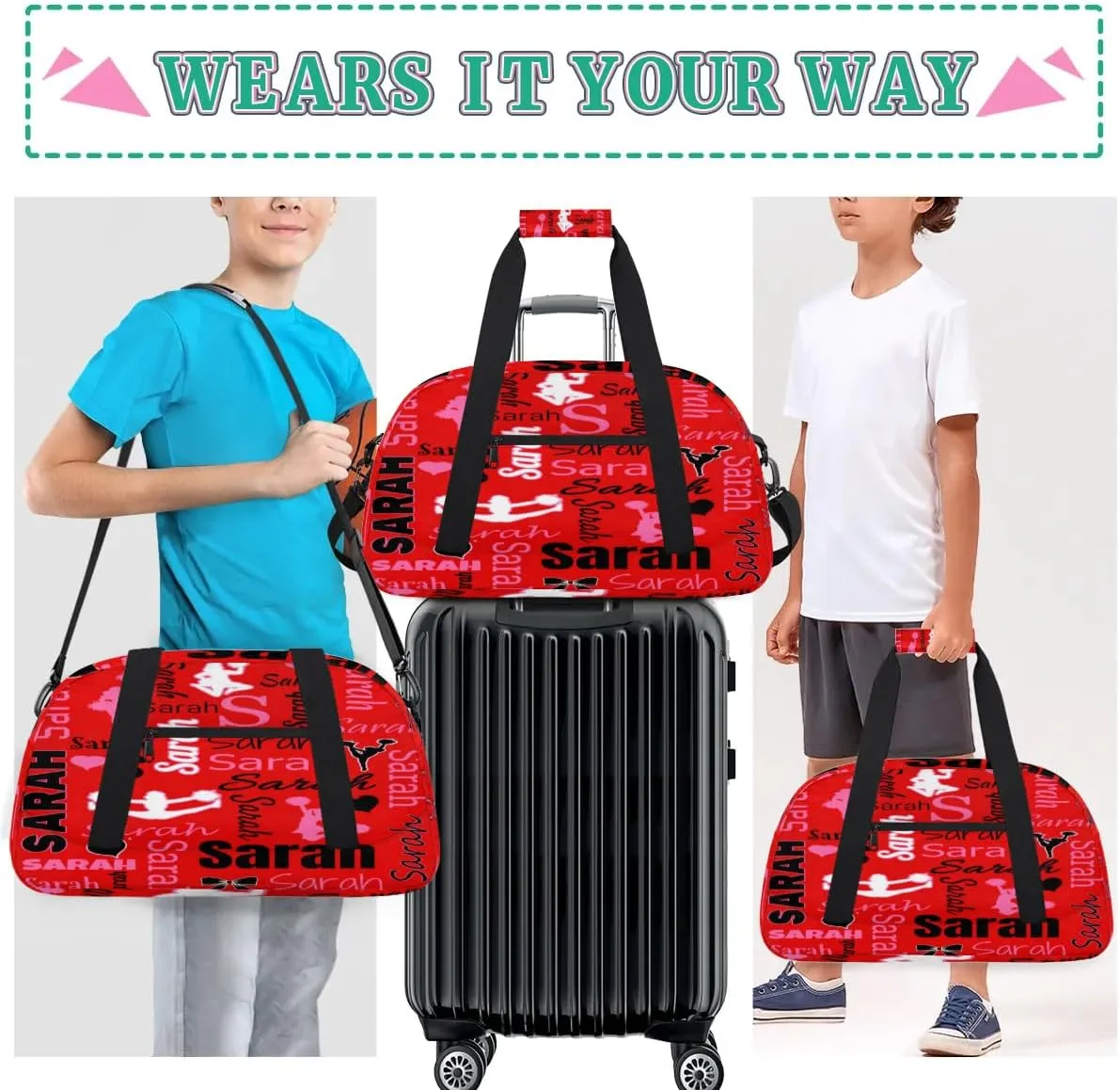 Personalized Cheer Duffle Bag for Cheerleaders, Coral Red A (No Glitter) Custom Cheerleading Gym Bag for Women, Cheer Duffel Bag with Name Weekender Bags Customized Cheer Gifts