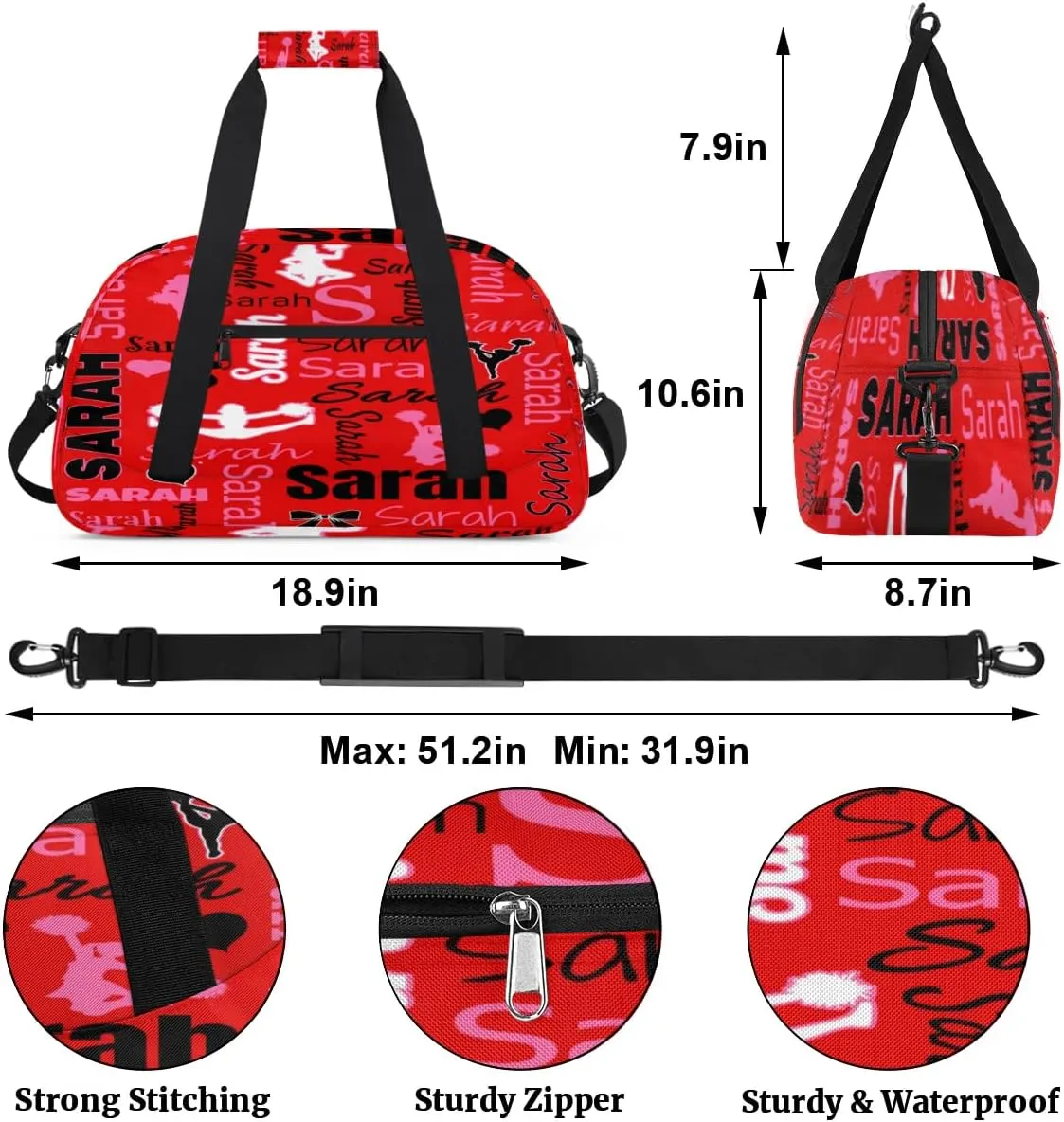 Personalized Cheer Duffle Bag for Cheerleaders, Coral Red A (No Glitter) Custom Cheerleading Gym Bag for Women, Cheer Duffel Bag with Name Weekender Bags Customized Cheer Gifts