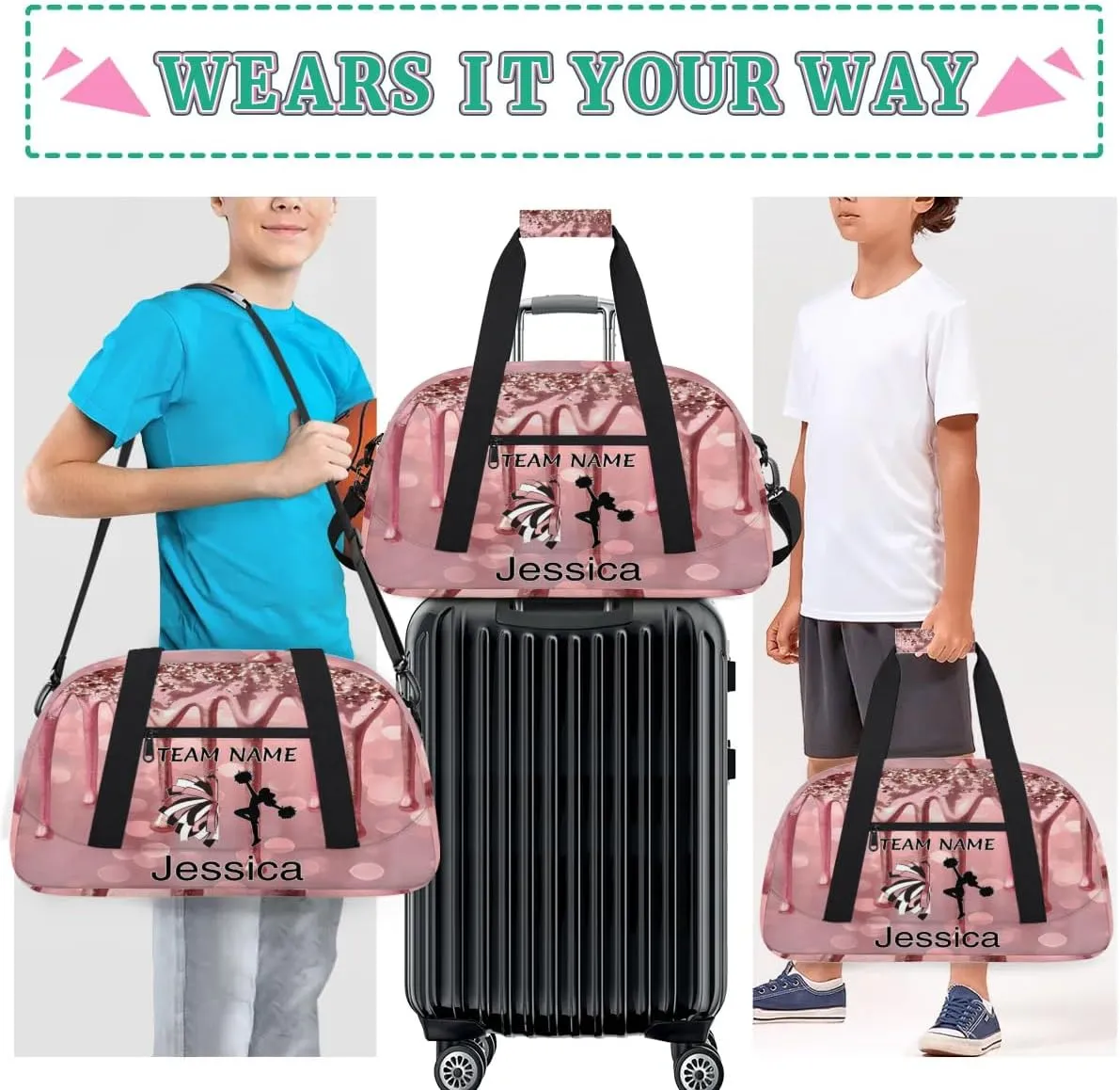Personalized Cheer Duffle Bag for Cheerleaders, Custom Cheerleading Gym Bag for Women, Cheer Duffel Bag with Name Overnight Weekender Bags, Pink Fluid Glitter