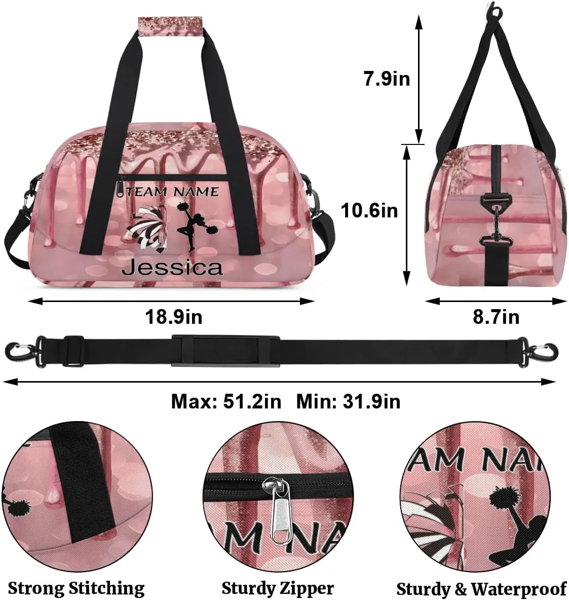 Personalized Cheer Duffle Bag for Cheerleaders, Custom Cheerleading Gym Bag for Women, Cheer Duffel Bag with Name Overnight Weekender Bags, Pink Fluid Glitter