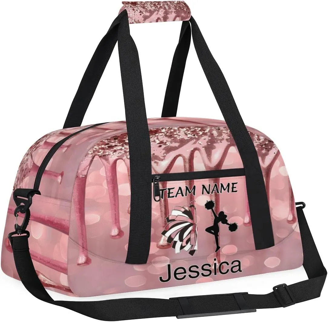 Personalized Cheer Duffle Bag for Cheerleaders, Custom Cheerleading Gym Bag for Women, Cheer Duffel Bag with Name Overnight Weekender Bags, Pink Fluid Glitter