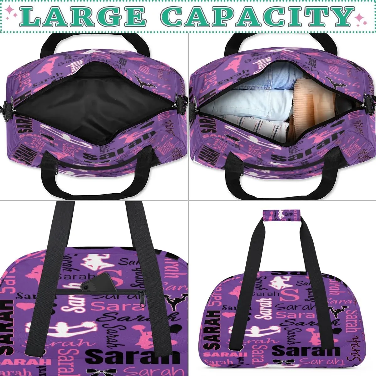 Personalized Cheer Duffle Bag for Cheerleaders, Dark Purple (No Glitter) Custom Cheerleading Gym Bag for Women, Cheer Duffel Bag with Name Weekender Bags Customized Cheer Gifts
