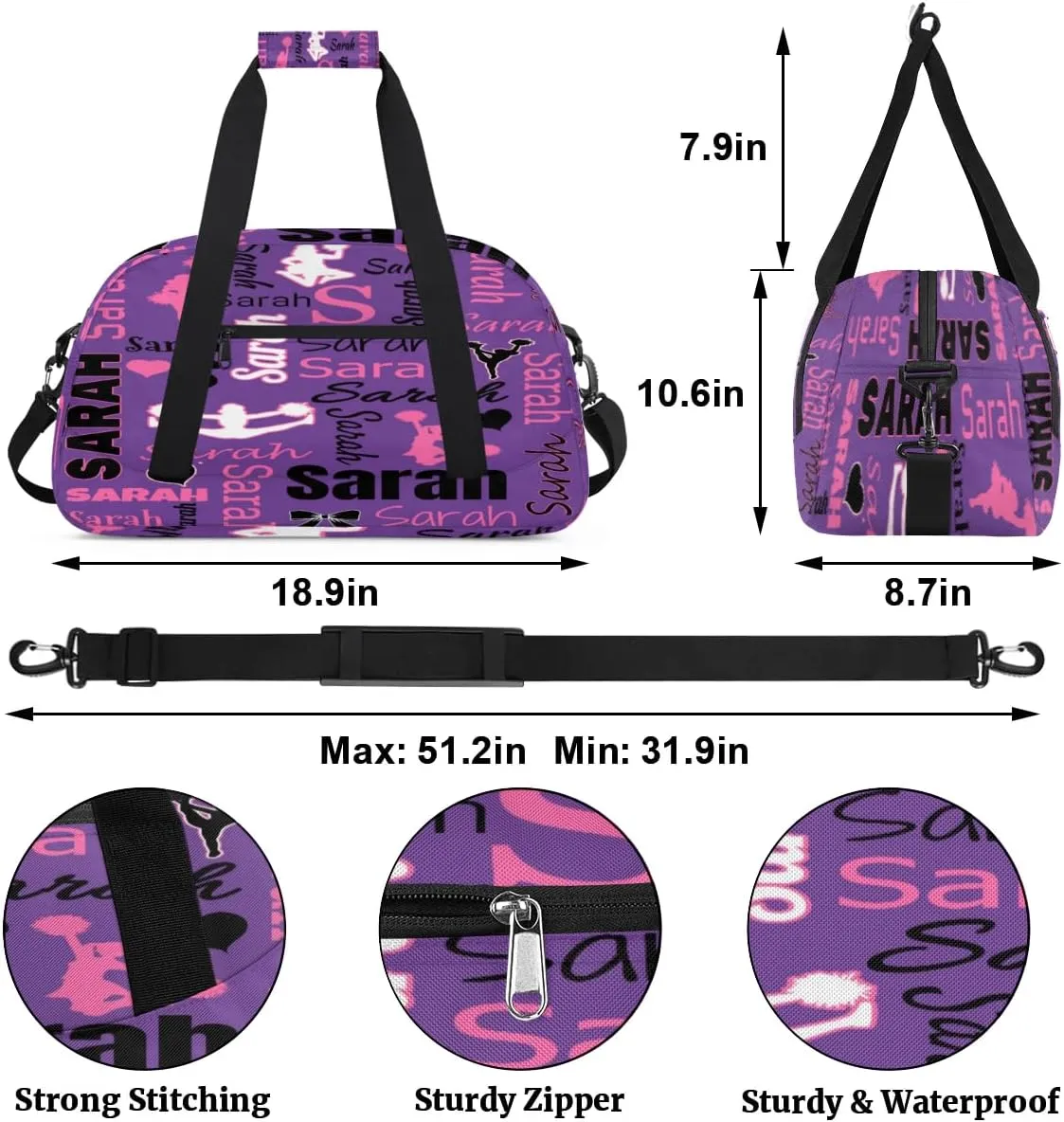 Personalized Cheer Duffle Bag for Cheerleaders, Dark Purple (No Glitter) Custom Cheerleading Gym Bag for Women, Cheer Duffel Bag with Name Weekender Bags Customized Cheer Gifts
