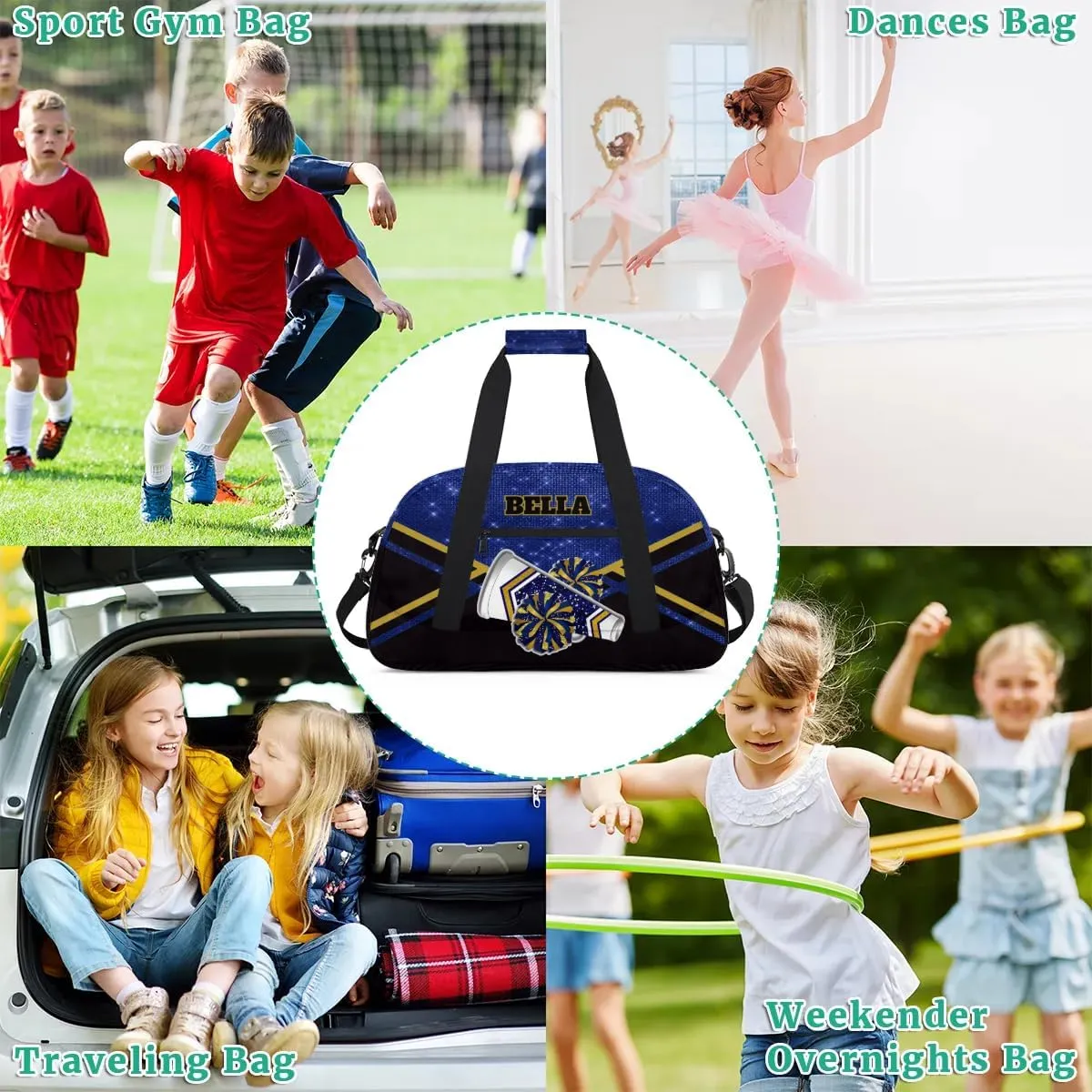 Personalized Cheerleader Bag Dance Bag for Girl, Custom Team Bag Gymnastics Bag Sport Duffel Bag, Weekender Bags Travel Duffel Bag for Cheer Team Gold Blue Glitter Cheer
