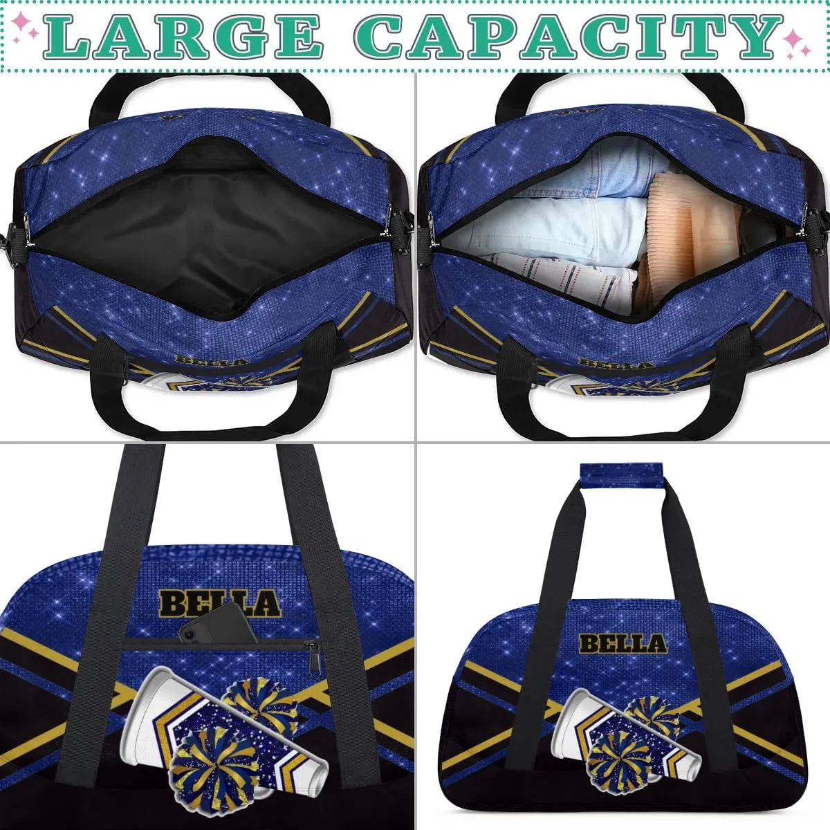 Personalized Cheerleader Bag Dance Bag for Girl, Custom Team Bag Gymnastics Bag Sport Duffel Bag, Weekender Bags Travel Duffel Bag for Cheer Team Gold Blue Glitter Cheer