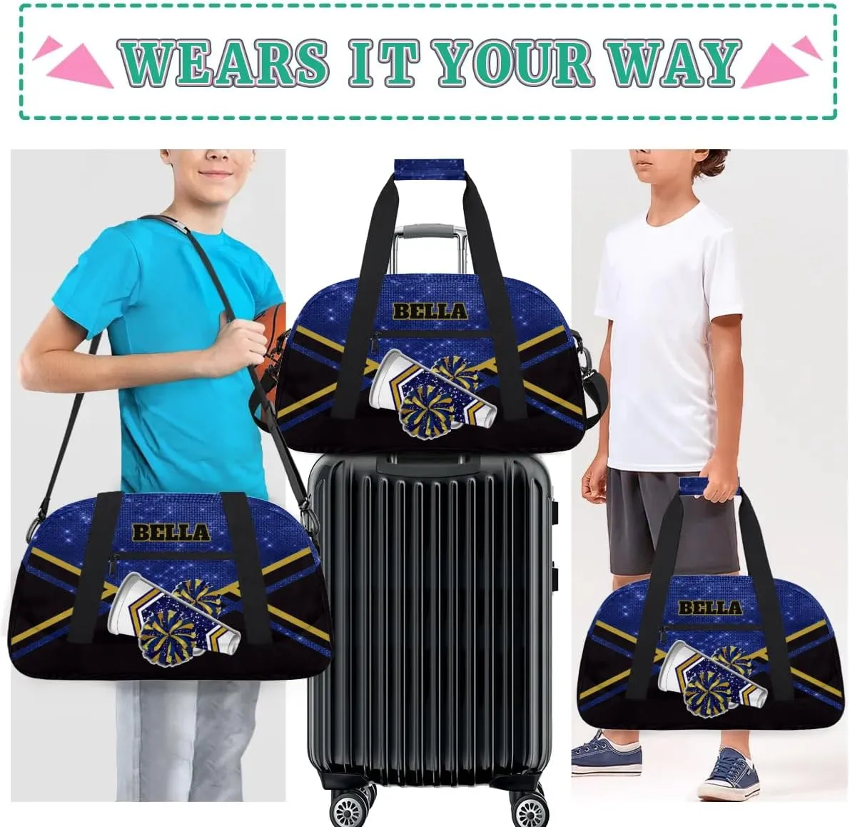 Personalized Cheerleader Bag Dance Bag for Girl, Custom Team Bag Gymnastics Bag Sport Duffel Bag, Weekender Bags Travel Duffel Bag for Cheer Team Gold Blue Glitter Cheer