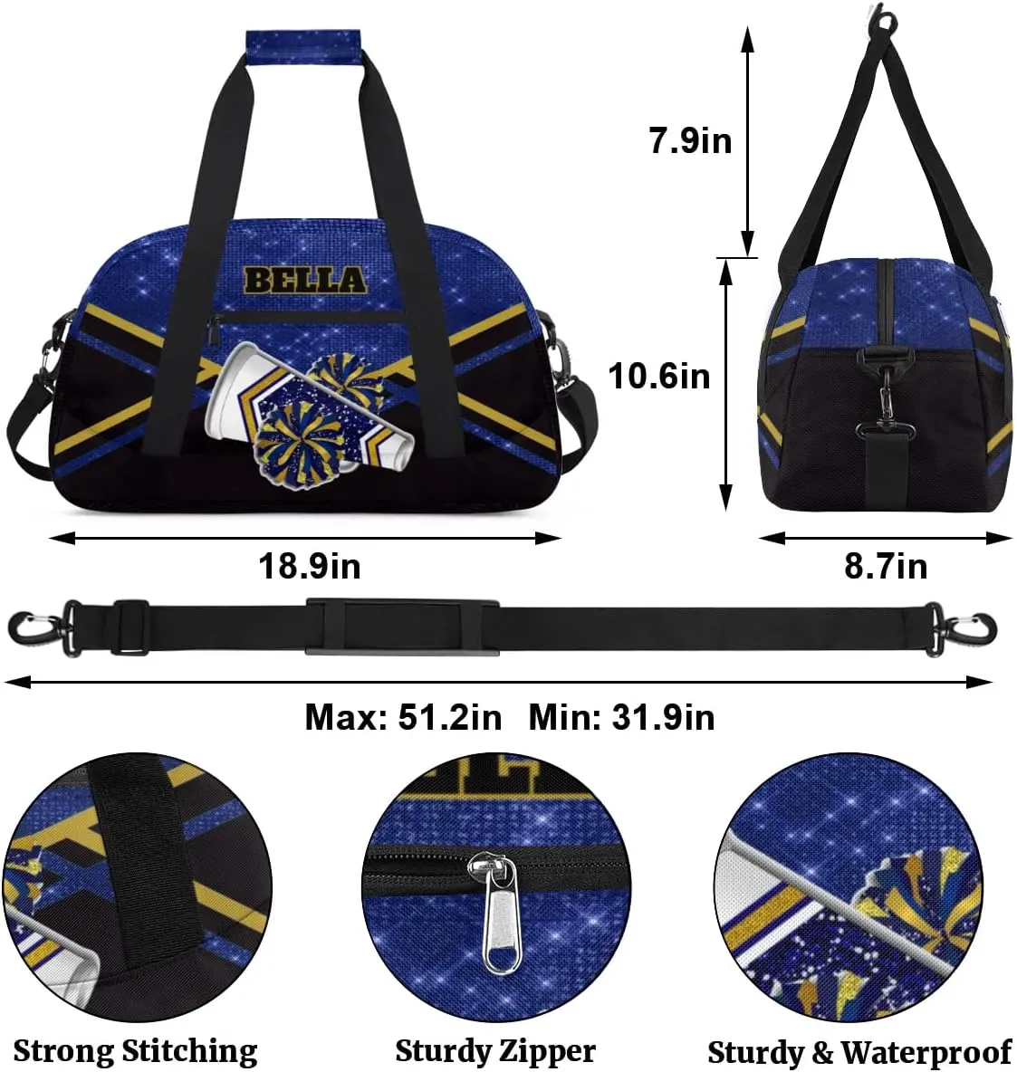Personalized Cheerleader Bag Dance Bag for Girl, Custom Team Bag Gymnastics Bag Sport Duffel Bag, Weekender Bags Travel Duffel Bag for Cheer Team Gold Blue Glitter Cheer