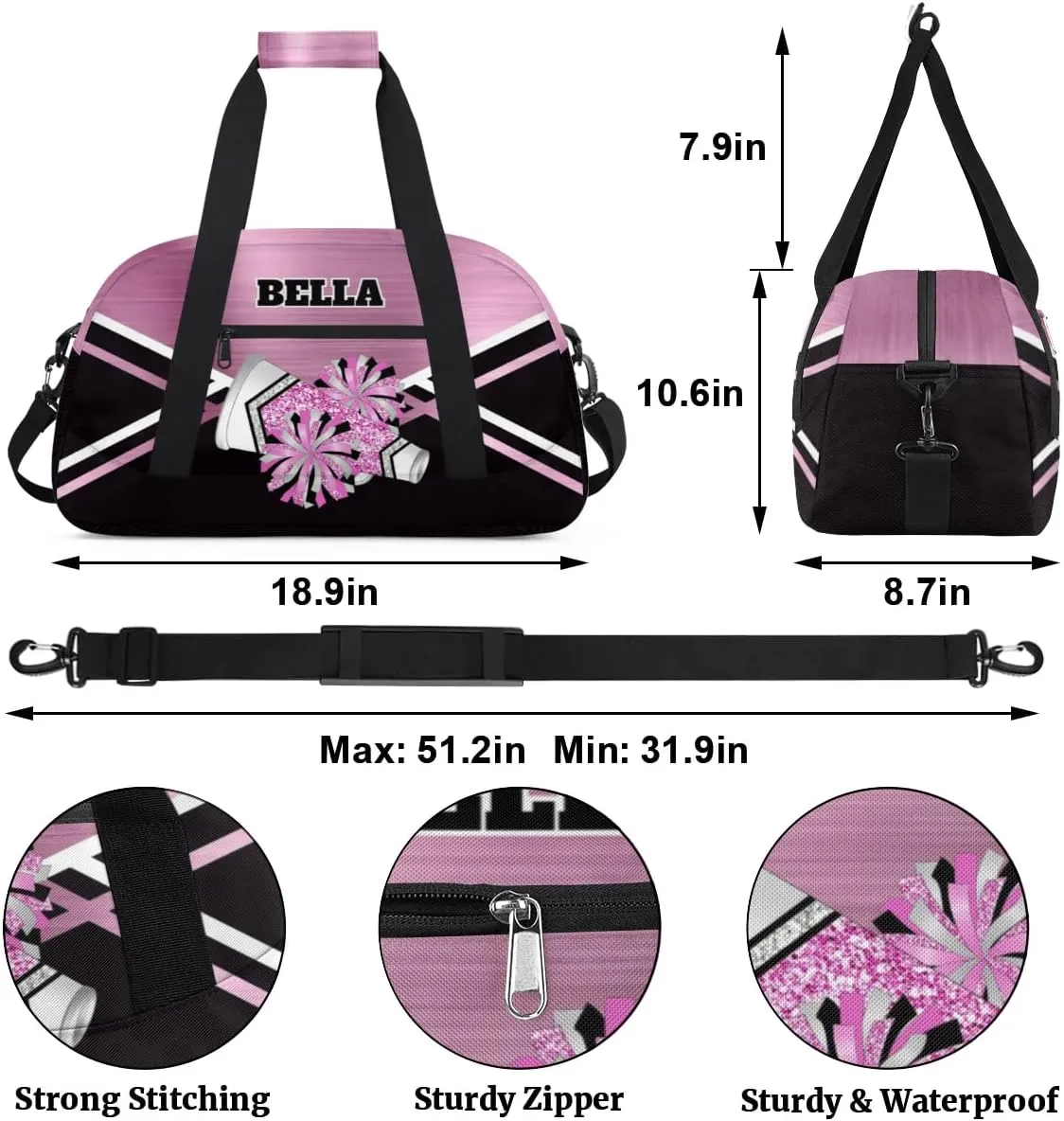 Personalized Cheerleader Bag Dance Bag for Girl, Custom Team Bag Gymnastics Bag Sport Duffel Bag, Weekender Bags Travel Duffel Bag for Cheer Team Pink Sliver Glitter Cheer