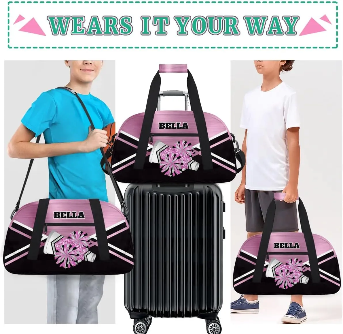 Personalized Cheerleader Bag Dance Bag for Girl, Custom Team Bag Gymnastics Bag Sport Duffel Bag, Weekender Bags Travel Duffel Bag for Cheer Team Pink Sliver Glitter Cheer