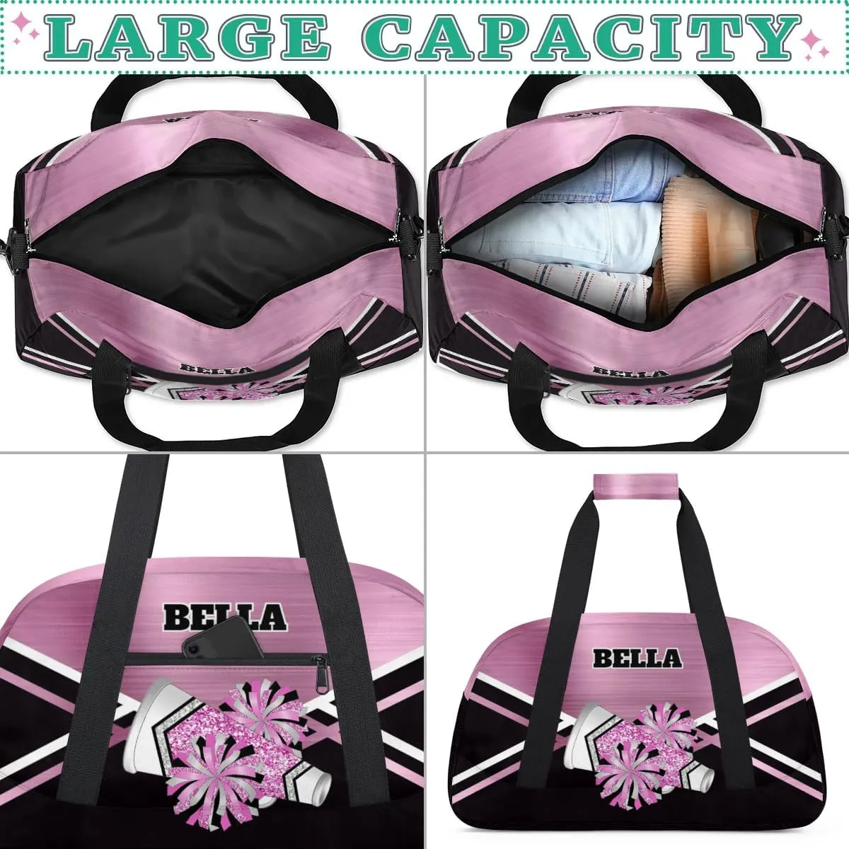 Personalized Cheerleader Bag Dance Bag for Girl, Custom Team Bag Gymnastics Bag Sport Duffel Bag, Weekender Bags Travel Duffel Bag for Cheer Team Pink Sliver Glitter Cheer