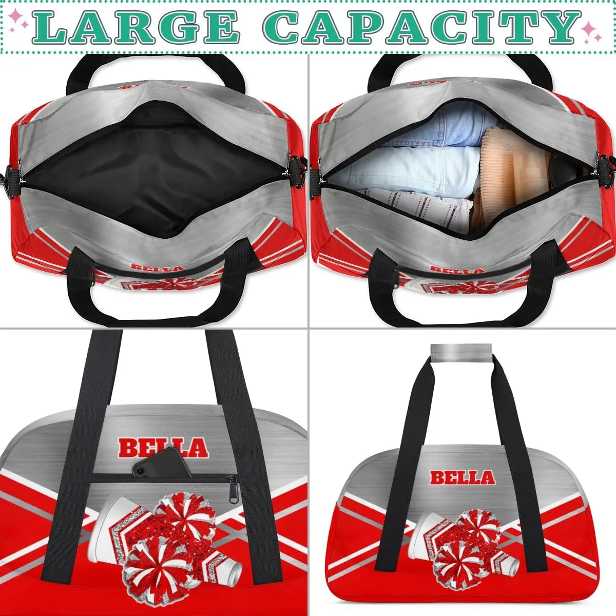 Personalized Cheerleader Bag Dance Bag for Girl, Custom Team Bag Gymnastics Bag Sport Duffel Bag, Weekender Bags Travel Duffel Bag for Cheer Team Red Sliver Glitter Cheer