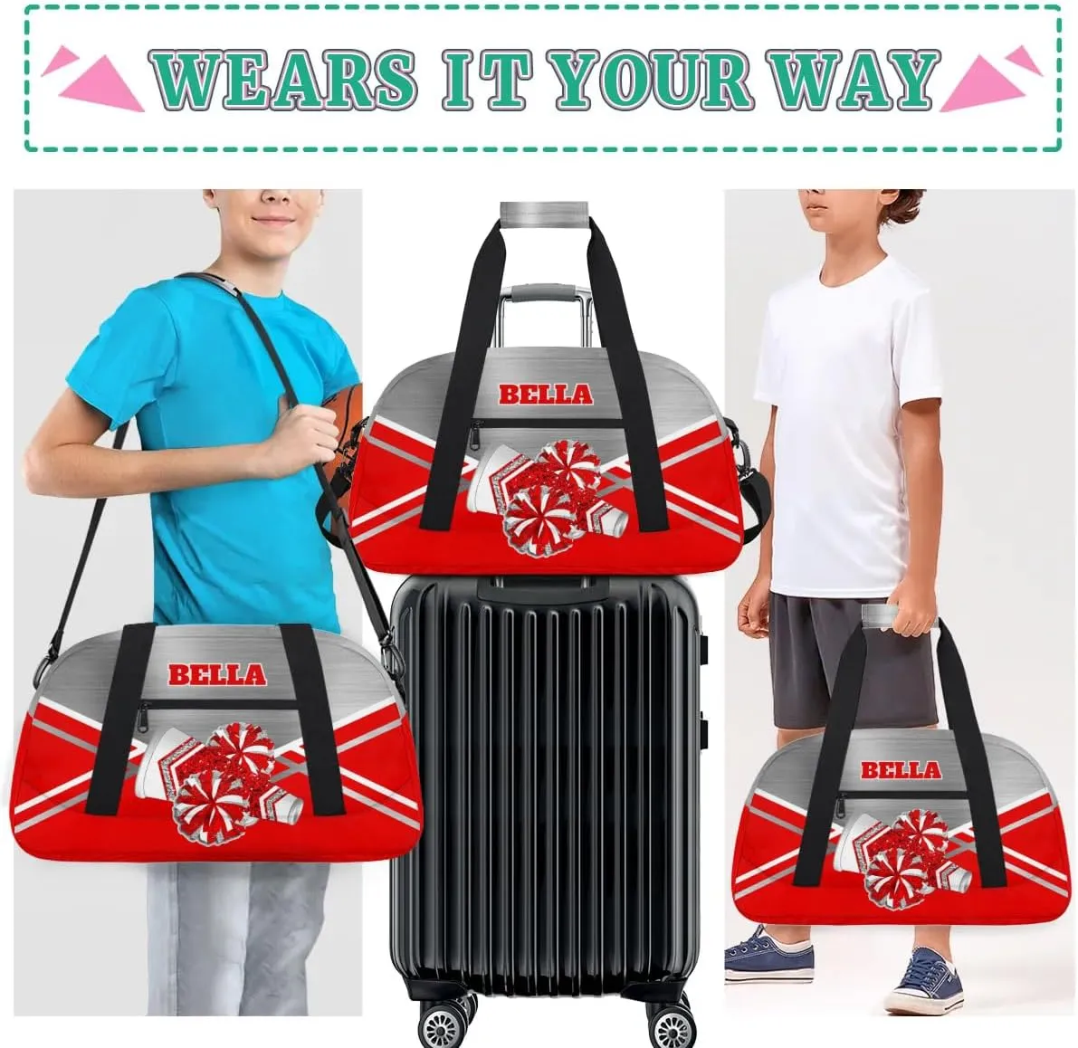 Personalized Cheerleader Bag Dance Bag for Girl, Custom Team Bag Gymnastics Bag Sport Duffel Bag, Weekender Bags Travel Duffel Bag for Cheer Team Red Sliver Glitter Cheer
