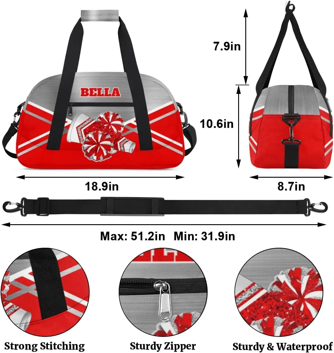 Personalized Cheerleader Bag Dance Bag for Girl, Custom Team Bag Gymnastics Bag Sport Duffel Bag, Weekender Bags Travel Duffel Bag for Cheer Team Red Sliver Glitter Cheer