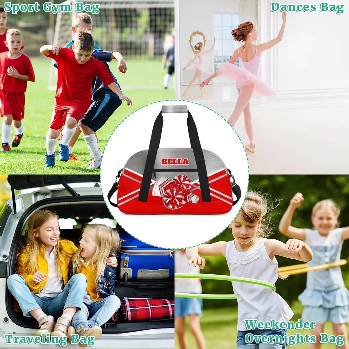 Personalized Cheerleader Bag Dance Bag for Girl, Custom Team Bag Gymnastics Bag Sport Duffel Bag, Weekender Bags Travel Duffel Bag for Cheer Team Red Sliver Glitter Cheer