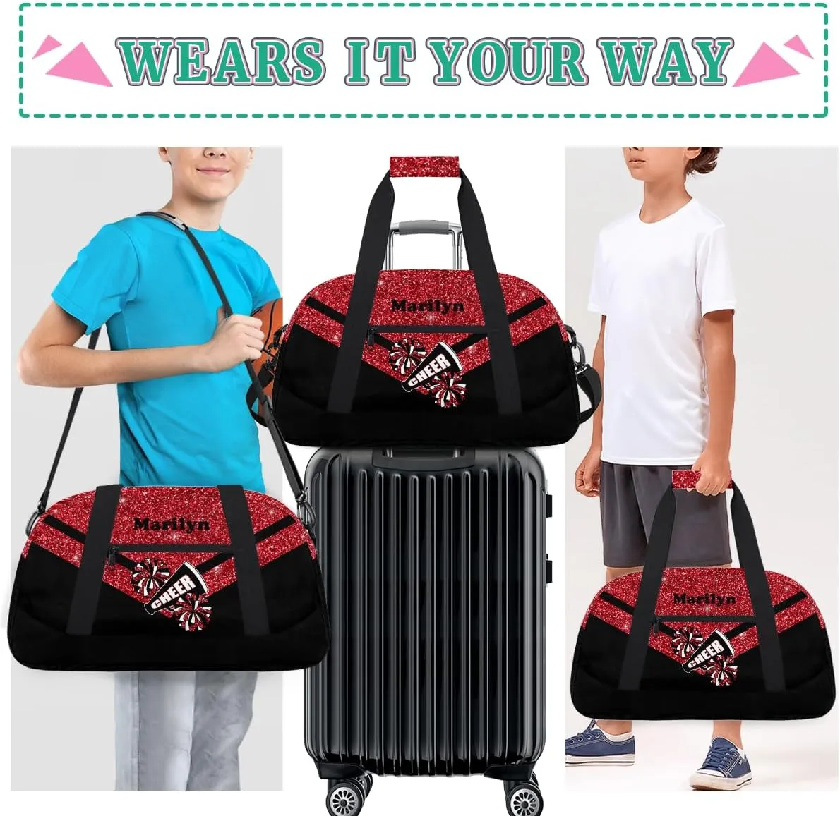 Personalized Cheerleader Bag for Girls Kids, Custom Gym Bag Overnight Small Duffel Bag with Padded Handles Carry On Weekend Sports Travel Bag for School Practice, Cheerleader Glitter Red