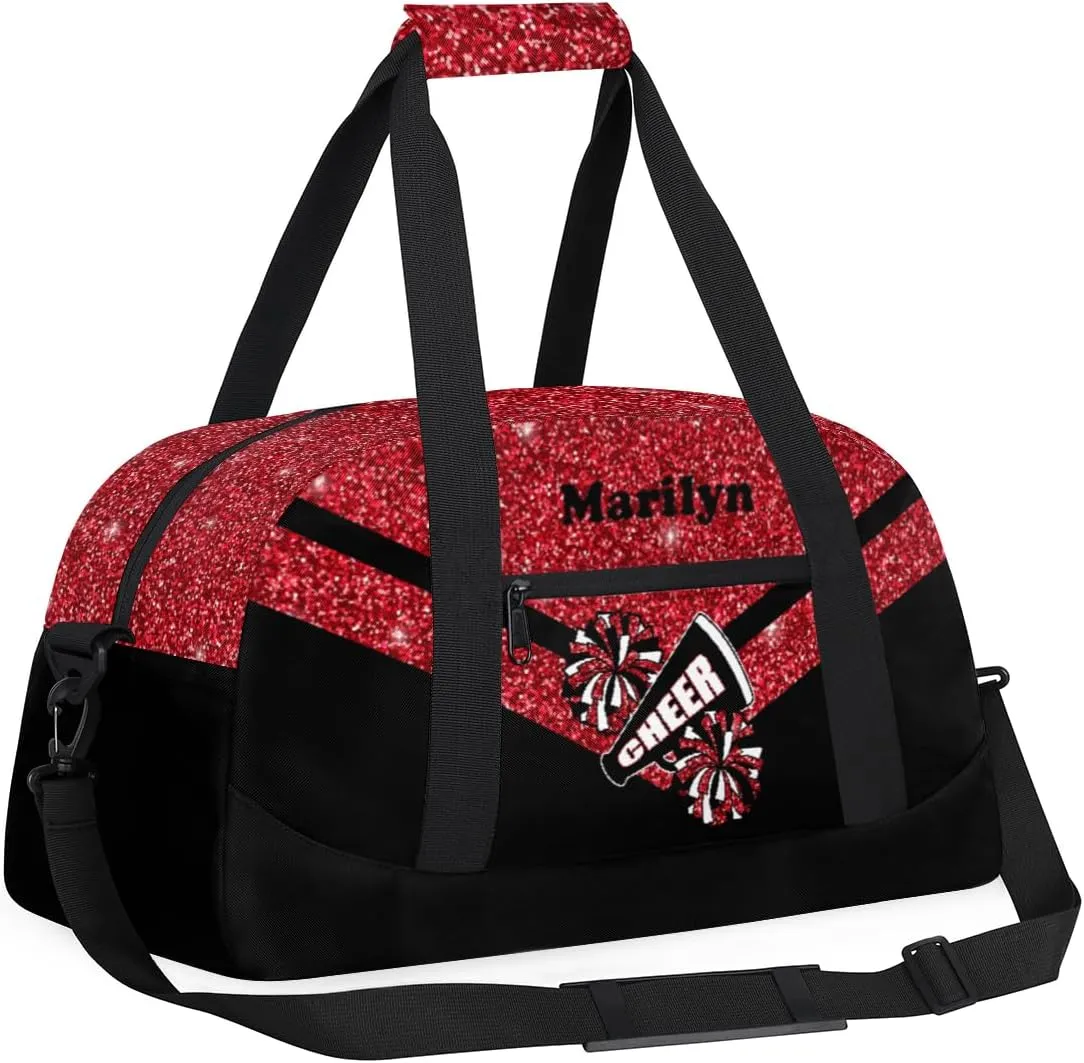 Personalized Cheerleader Bag for Girls Kids, Custom Gym Bag Overnight Small Duffel Bag with Padded Handles Carry On Weekend Sports Travel Bag for School Practice, Cheerleader Glitter Red