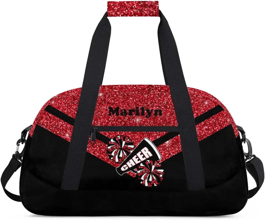 Personalized Cheerleader Bag for Girls Kids, Custom Gym Bag Overnight Small Duffel Bag with Padded Handles Carry On Weekend Sports Travel Bag for School Practice, Cheerleader Glitter Red
