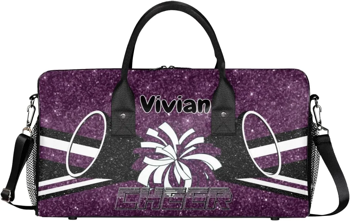 Personalized Cheerleader Cheer Bag for Women, Custom Name Sport Duffel Bag Custom Travel Overnight Weekender Bags, Personalized Gifts Deep Purple Glitter