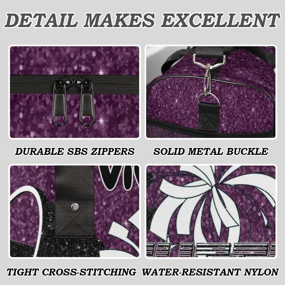 Personalized Cheerleader Cheer Bag for Women, Custom Name Sport Duffel Bag Custom Travel Overnight Weekender Bags, Personalized Gifts Deep Purple Glitter