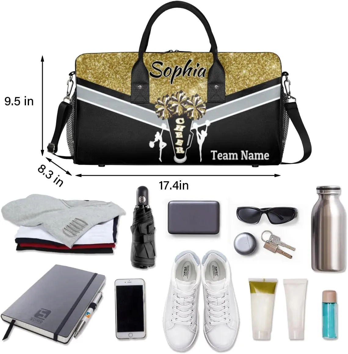 Personalized Cheerleader Cheer Bag with Name Sport Duffel Bag for Women Customize Travel Bag Overnight Weekender Bags, Dark Gold Glitter