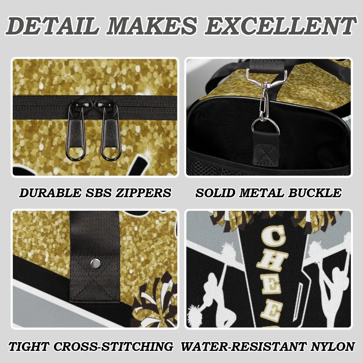 Personalized Cheerleader Cheer Bag with Name Sport Duffel Bag for Women Customize Travel Bag Overnight Weekender Bags, Dark Gold Glitter
