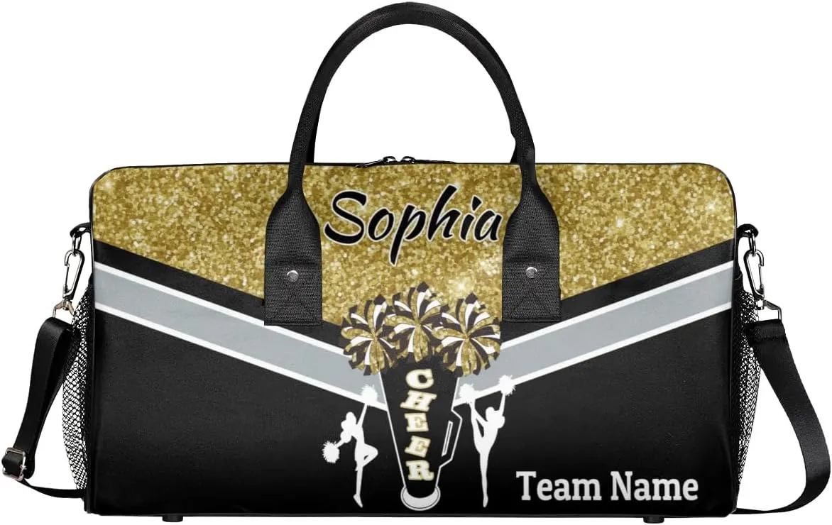 Personalized Cheerleader Cheer Bag with Name Sport Duffel Bag for Women Customize Travel Bag Overnight Weekender Bags, Dark Gold Glitter