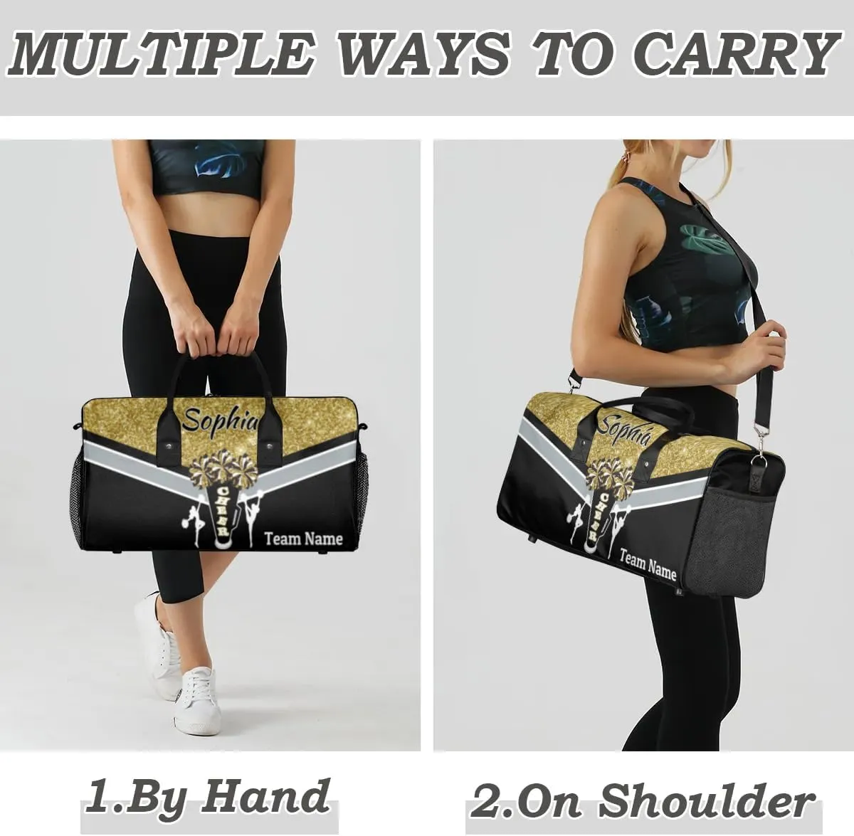 Personalized Cheerleader Cheer Bag with Name Sport Duffel Bag for Women Customize Travel Bag Overnight Weekender Bags, Dark Gold Glitter